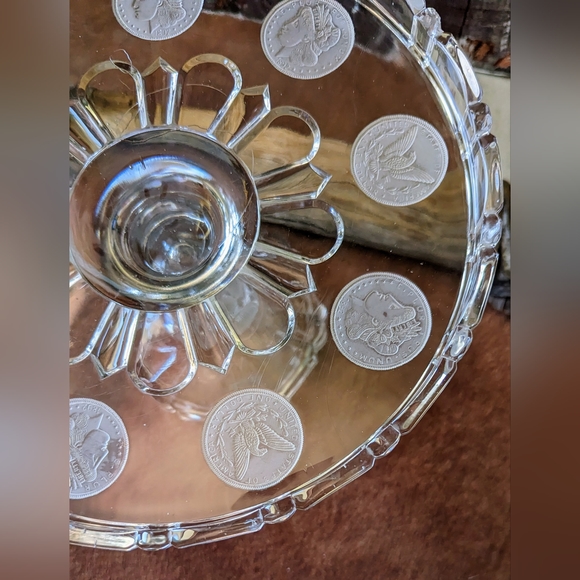 Antique 1892 Silver Dollar Glass Pedestal Cake Stand W Frosted Morgan Dollar - Picture 6 of 15
